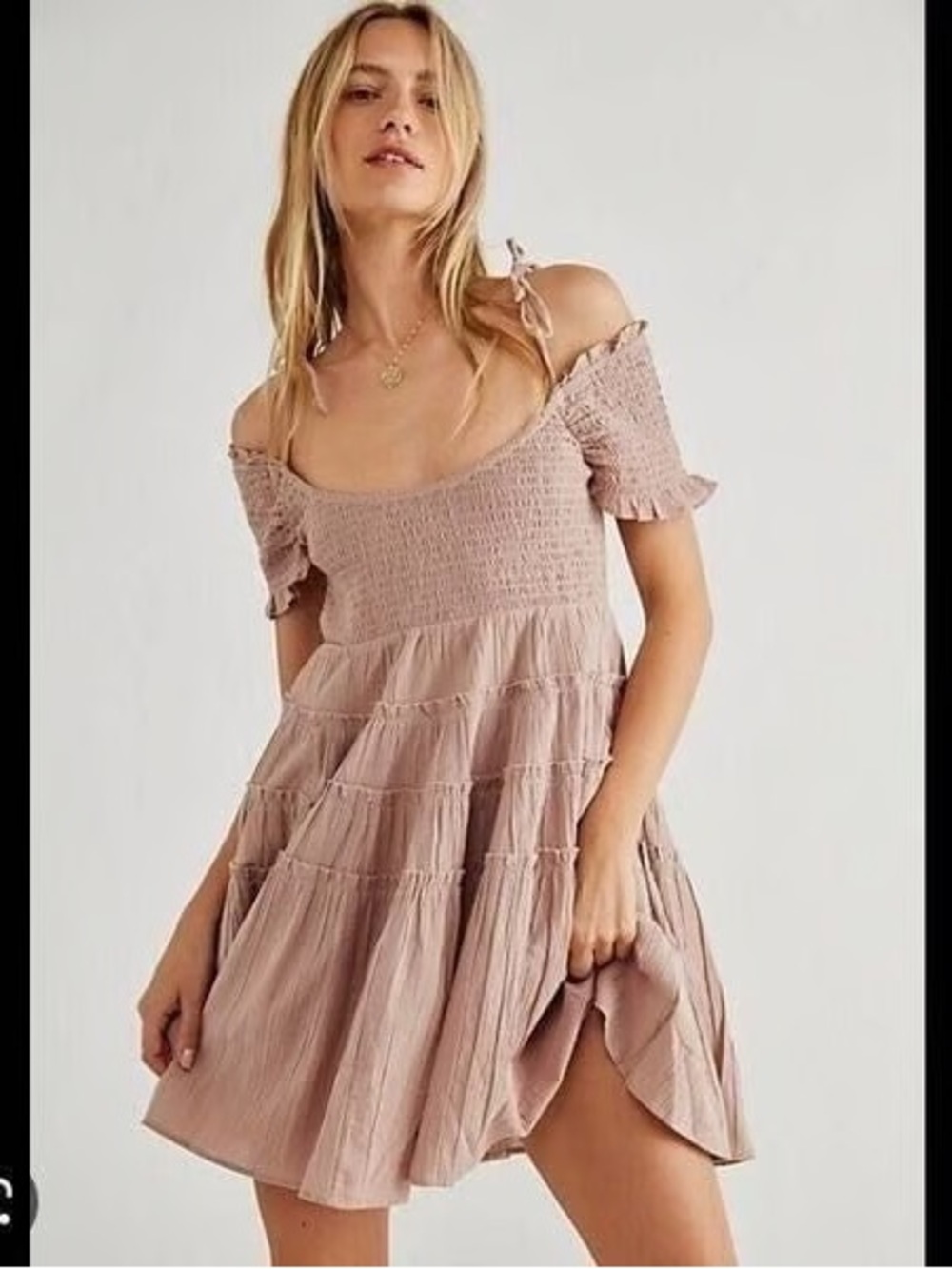 Free People Blush Smocked Tiered Mini Dress